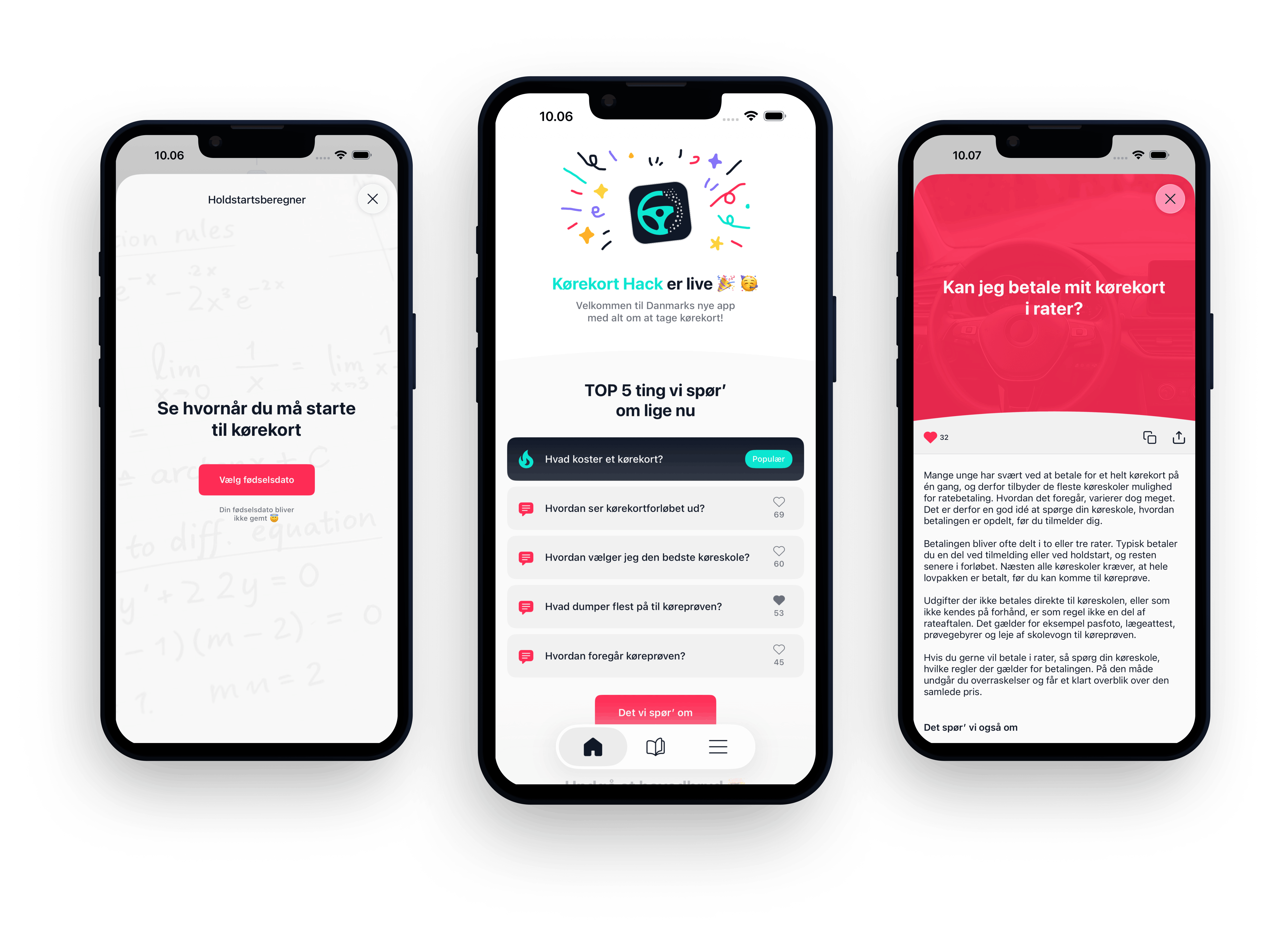Tre iPhone-skærmbilleder fra Kørekort Hack appen